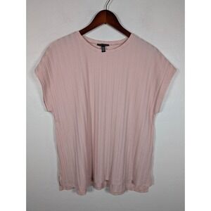 Eileen Fisher Top Blouse Women Large Peach Pink Stripe Stretch Short Cap Sleeve